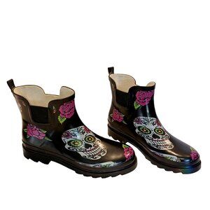 Norty Women's Low Ankle Rain Boots Rubber Snow Garden Shoe Sugar Skull Size 8